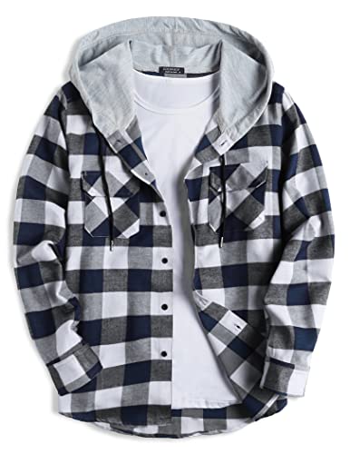 COOFANDY Men's Fashion Hoodies & Sweatshirts Button Up Checkered Shirt Lightweight Jackets Navy Blue