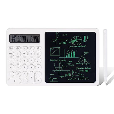 MOSHOU Calculator with LCD Writing Tablet, 2in1 Desktop Standing Calculator with Electronic Calendar time Temperatures,10-Digit LCD Display Calculator for Student Teacher Office Business