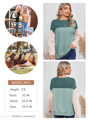 Dokotoo Womens Pullover Shirts Ladies Crewneck Long Sleeve Colorblock Tunics Blouses Autumn Winter Casual Loose Jumper Tops Fall Fashion Knitted Tops Blue Green Medium