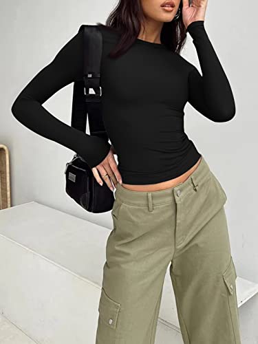 Trendy Queen Long Sleeve Shirts for Women Crop Tops Fall Fashion 2023 Outfits Basic Workout Sexy Sweaters Going Out Shirts Cute Slim Fit Y2K Clothing Winter Clothes Black