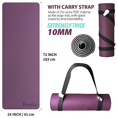 Feetlu Yoga Mat with Strap, 2/5 Inch (10MM) - Extra Thick Non Slip Workout Mat Double-Sided, Eco POE Yoga Mats for Women, Men, Yoga, Pilates,and Floor Exercises(DK. PL/BGY)