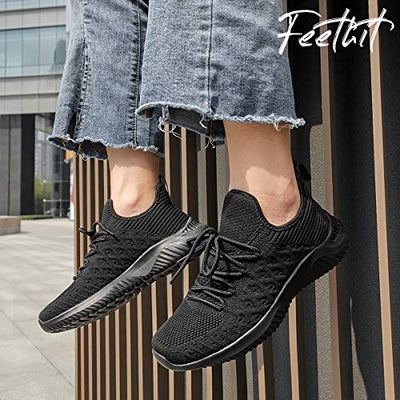 Feethit Womens Slip On Walking Shoes Non Slip Running Shoes Breathable Workout Shoes Lightweight Gym Sneakers All Black Size 8