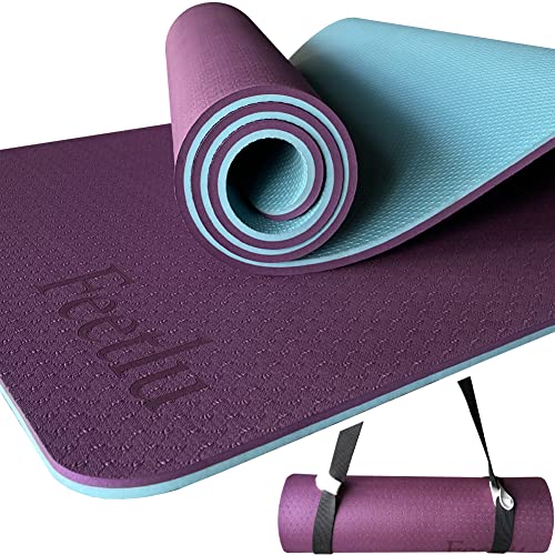 Feetlu Yoga Mat with Strap, 2/5 Inch (10MM) - Extra Thick Non Slip Workout Mat Double-Sided, Eco POE Yoga Mats for Women, Men, Yoga, Pilates,and Floor Exercises(DK. PL/BGY)