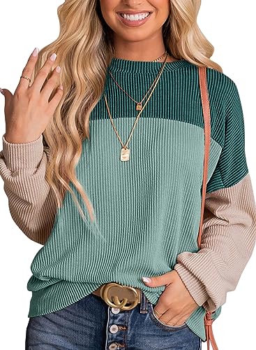 Dokotoo Womens Pullover Shirts Ladies Crewneck Long Sleeve Colorblock Tunics Blouses Autumn Winter Casual Loose Jumper Tops Fall Fashion Knitted Tops Blue Green Medium